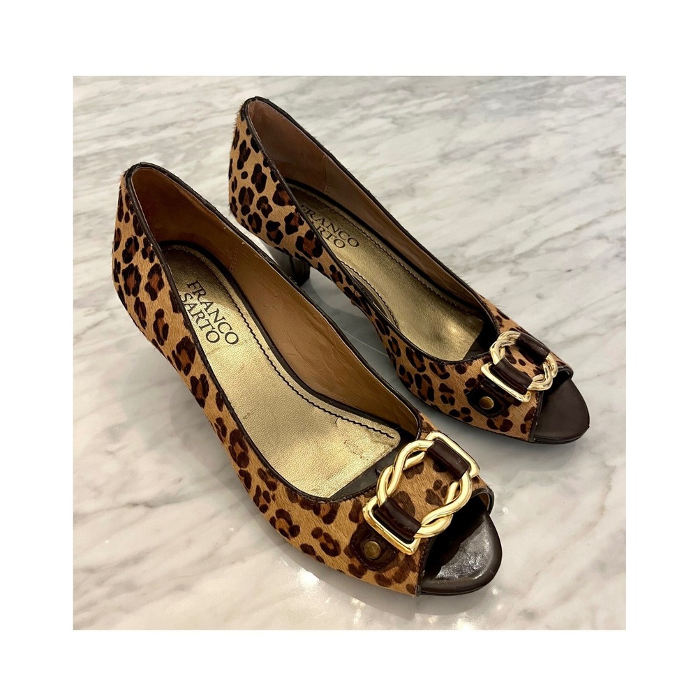 Franco Sarto Leopard Print‎ Peep Toe Heels Buckle Detail Real Fur 6M